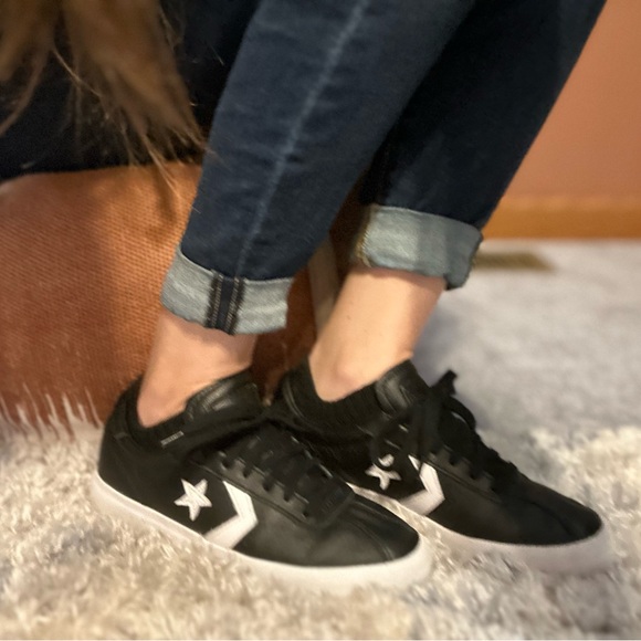 Converse Shoes - Converse Leather upper Size Women 5.5, Men 4. Black and White. Gum bottoms. EUC